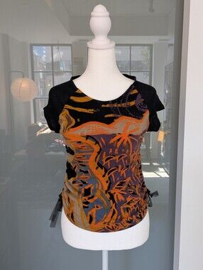 Vintage Custo Barcelona Y2K Graphic Top Side Tie Sheer Sleeve Cotton Linen S